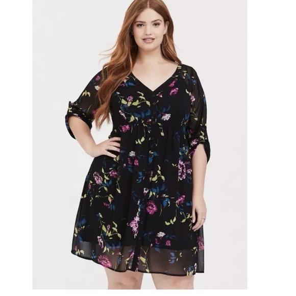 Torrid Black Colorful Floral Chiffon Shirt Dress Size 1X - Picture 1 of 12
